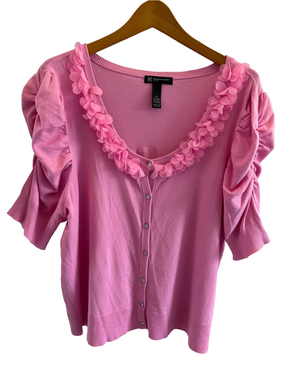 INC International Concepts Pink Puff-Sleeve Button Cardigan with Floral Trim